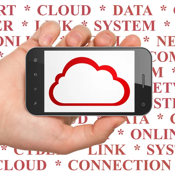 Cloud-Netzwerkkonzept: Smartphone mit Cloud auf dem Display in der Hand — Stockfoto