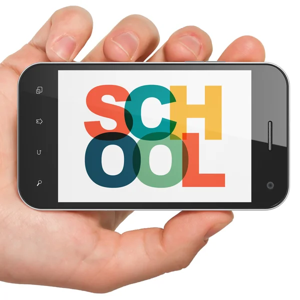 Onderwijs concept: Hand Holding Smartphone met School op display — Stockfoto