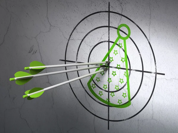 Holiday concept: arrows in Party Hat target on wall background — Stock Photo, Image