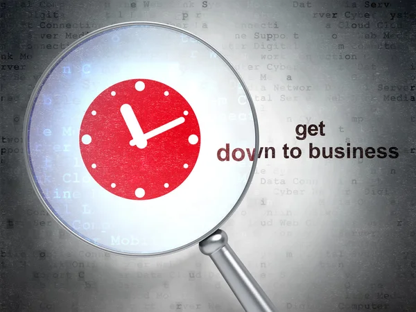 Conceito de negócio: Relógio e Get Down to business com vidro óptico — Fotografia de Stock