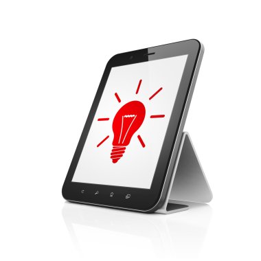 Ekonomi kavramı: ampul ekranda Tablet bilgisayarınızla