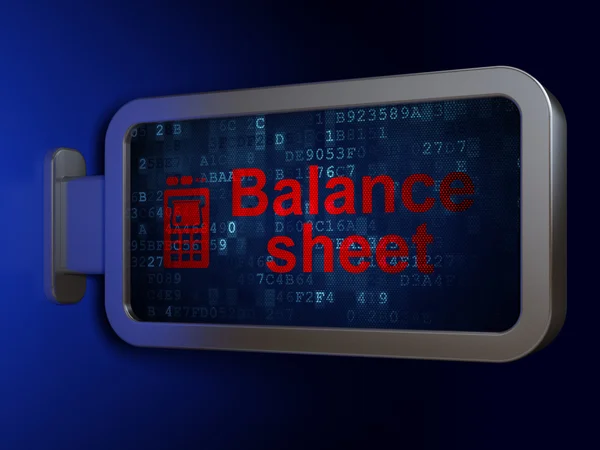 Банківська концепція: баланс та банкомат на фоні білборду — стокове фото