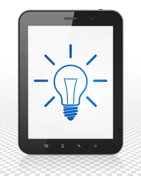 Finance concept: Tablet Pc Computer with Light Bulb on display — Stock Fotó