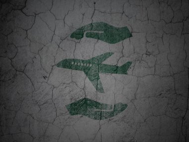 Insurance concept: Airplane And Palm on grunge wall background