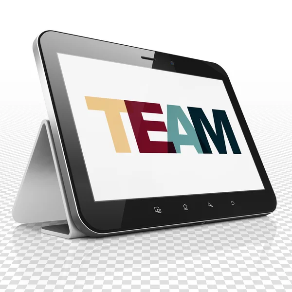 Business concept: Tablet Computer with Team on  display — Stok fotoğraf