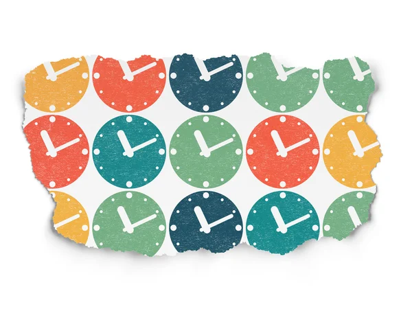 Concepto de tiempo: iconos del reloj en el fondo de papel roto — Foto de Stock