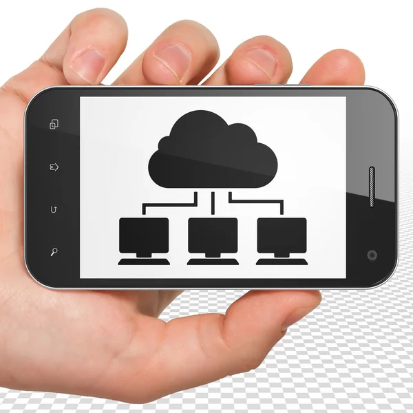 Cloud networking concept: Hand Holding Smartphone with Cloud Network on display — Stock Photo, Image