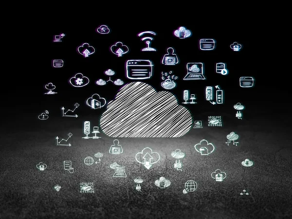 Návrh technologie cloud: Cloud v temné místnosti grunge — Stock fotografie