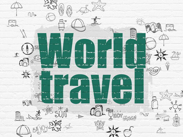 Vacation concept: Painted green text World Travel on White Brick wall background with Scheme Of Hand Drawn Vacation Icons