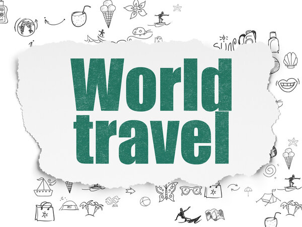 Vacation concept: Painted green text World Travel on Torn Paper background with Scheme Of Hand Drawn Vacation Icons