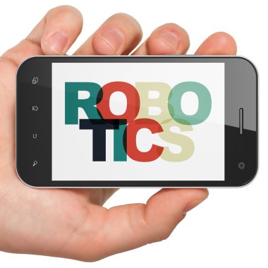 Science concept: Hand Holding Smartphone with Robotics on  display