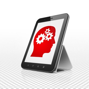 İş kavramı: kafa ile vites ekranda Tablet bilgisayarınızla