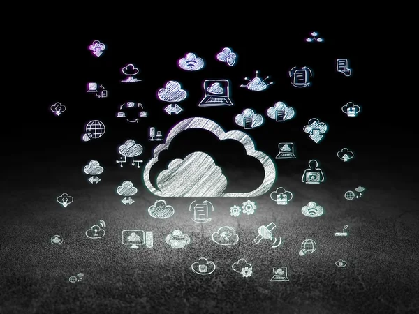 Concepto de computación en nube: Nube en sala oscura grunge — Foto de Stock