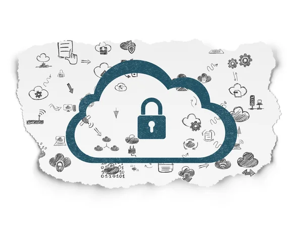 Cloud networking concept: Cloud With Padlock on Torn Paper background — 图库照片