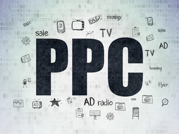 Conceito de publicidade: PPC sobre fundo de papel digital — Fotografia de Stock
