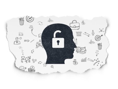 İş kavramı: kafa ile asma kilit yırtılmış kağıt arka plan üzerinde