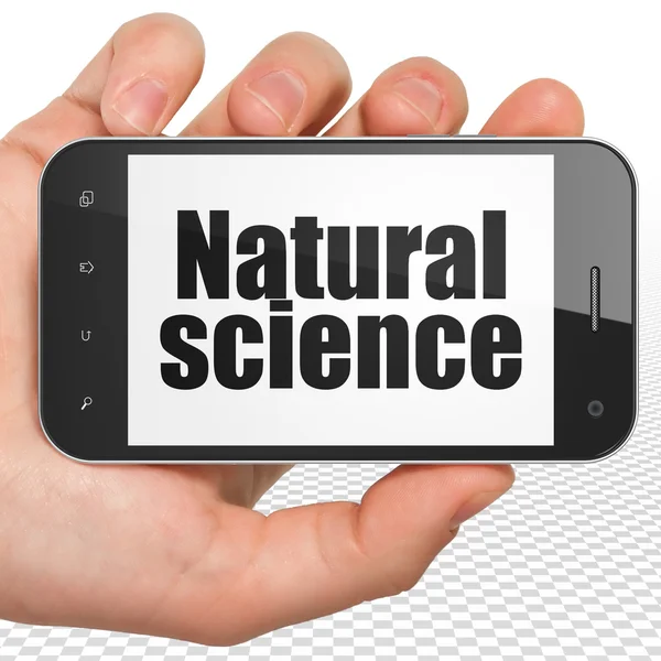 Conceito de ciência: mão segurando Smartphone com ciência natural em exposição — Fotografia de Stock