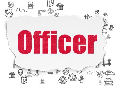 Hukuk kavramı: Memur yırtılmış kağıt arka plan üzerinde