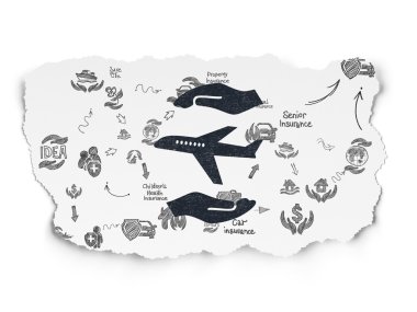 Sigorta kavramı: uçak ve avuç içi yırtılmış kağıt arka plan