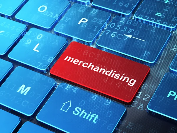 Conceito de marketing: Merchandising no fundo do teclado do computador — Fotografia de Stock