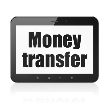 İş kavramı: Tablet bilgisayar ile para transferi ekranda