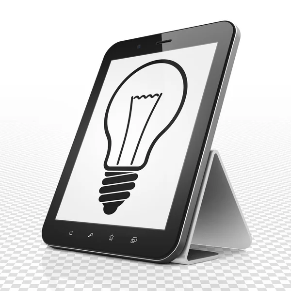 Podnikatelský koncept: tabletový počítač s žárovka na displeji — Stock fotografie