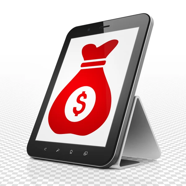 Finance concept: Tablet Computer with Money Bag on display — Stockfoto