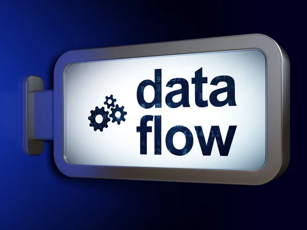 Concepto de datos: Flujo de datos y engranajes en el fondo de la cartelera —  Fotos de Stock