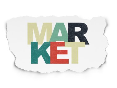 Reklam kavramı: Pazar yırtılmış kağıt arka plan üzerinde