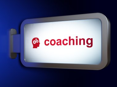 Learning concept: Coaching and Head With Gears on billboard background
