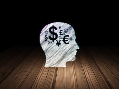 Eğitim kavramı: kafa ile Finans simgesi grunge karanlık odada