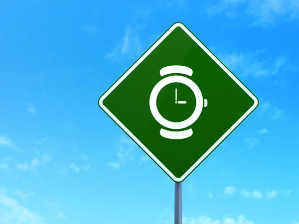 Time concept: Watch on road sign background — Stock Photo, Image