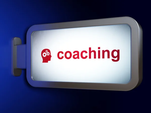 Learning concept: Coaching and Head With Gears on billboard background — Stock Photo, Image