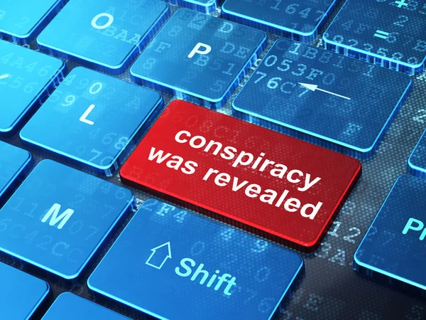 Conceito de política: Conspiração foi revelado no fundo do teclado do computador — Fotografia de Stock
