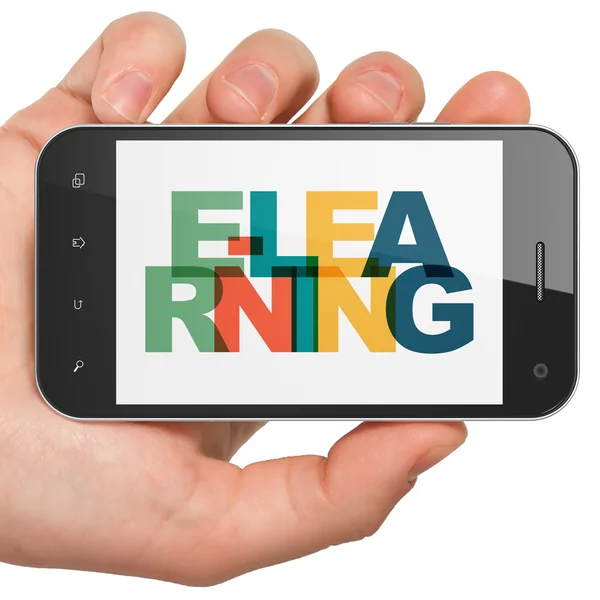 Learning concept: Hand Holding Smartphone with E-learning on  display — Stok fotoğraf