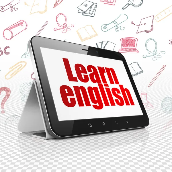 Concepto educativo: Tablet Computer con aprendizaje de inglés en pantalla — Foto de Stock