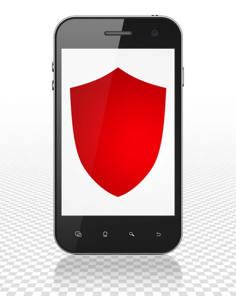 Conceito de proteção: Smartphone com escudo em exibição — Fotografia de Stock