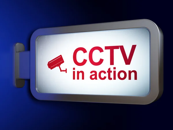 Concepto de protección: CCTV en acción y cámara Cctv en el fondo de la cartelera — Foto de Stock