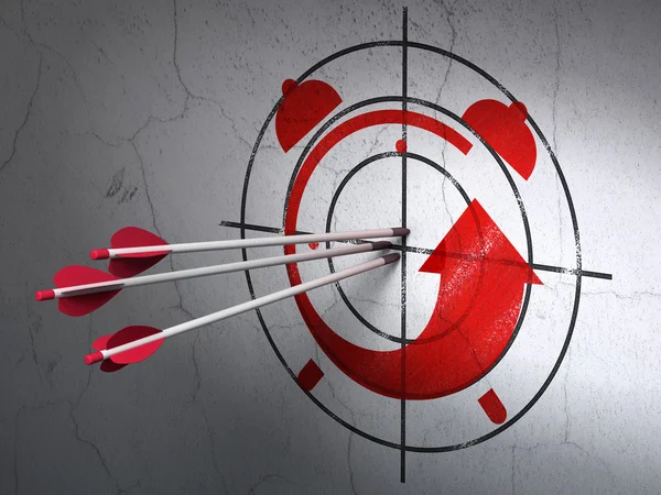 Timeline concept: arrows in Alarm Clock target on wall background — Stock Photo, Image