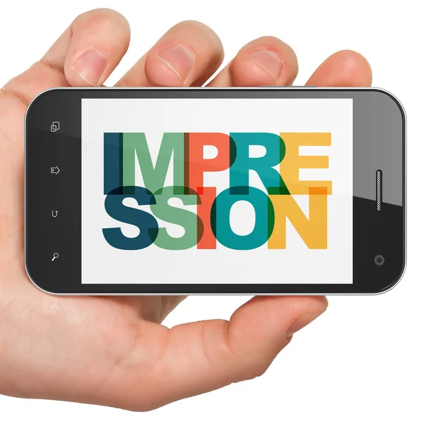 Marketing concept: Hand Holding Smartphone with Impression on  display — Stock Photo, Image