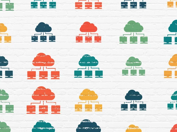 Concetto di cloud computing: icone di rete cloud su sfondo wall — Foto Stock