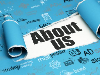 Advertising concept: black text About Us under the piece of  torn paper