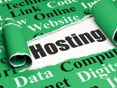 Web design concept: black text Hosting under the piece of  torn paper