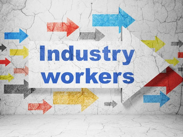 Branchenkonzept: Pfeil mit Industriearbeitern auf Grunge-Hintergrund — Stockfoto