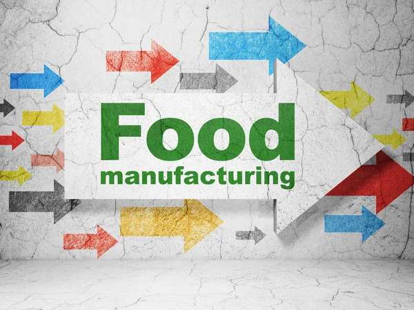Concepto industrial: flecha con fabricación de alimentos sobre fondo de pared grunge —  Fotos de Stock