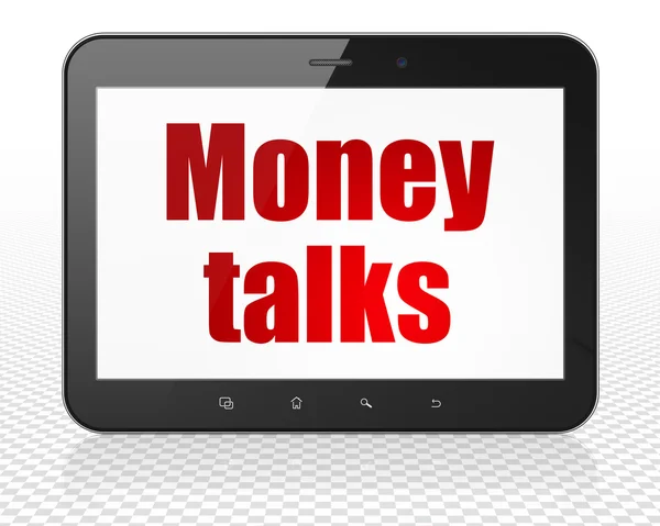 Concepto financiero: Tablet PC PC con dinero habla en pantalla —  Fotos de Stock