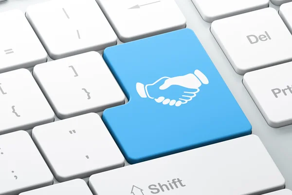 Business concept: Handshake on computer keyboard background — Stock Photo, Image