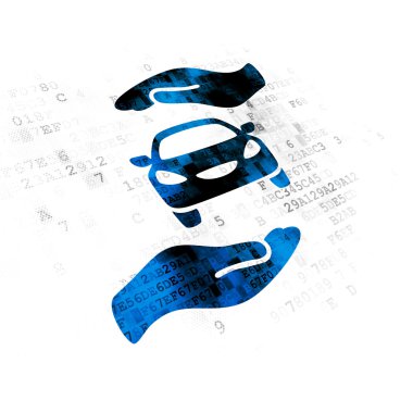 Sigorta kavramı: araba ve avuç içi dijital arka plan