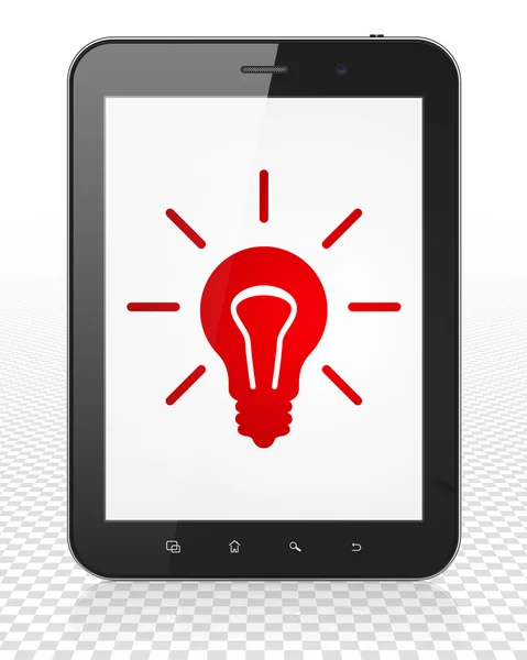 Finance concept: Tablet Pc Computer with Light Bulb on display — Stock Photo, Image