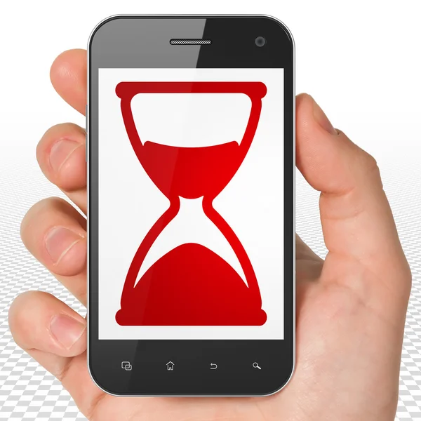 Timeline concept: Hand Holding Smartphone with Hourglass on display — Stock Photo, Image